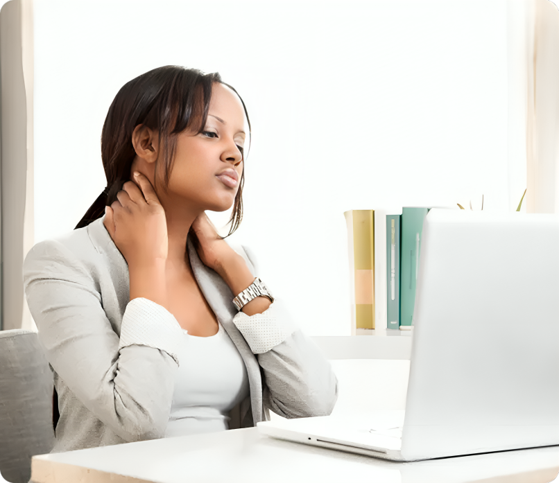 Woman massaging neck at desk